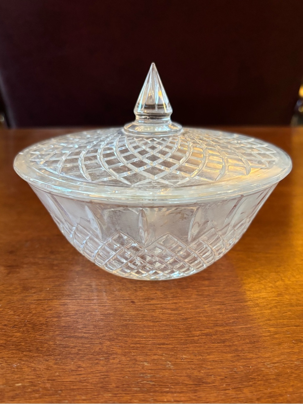 RARE Vintage cut glass candy dish in ctoss hatched geometric diamond cut pattern